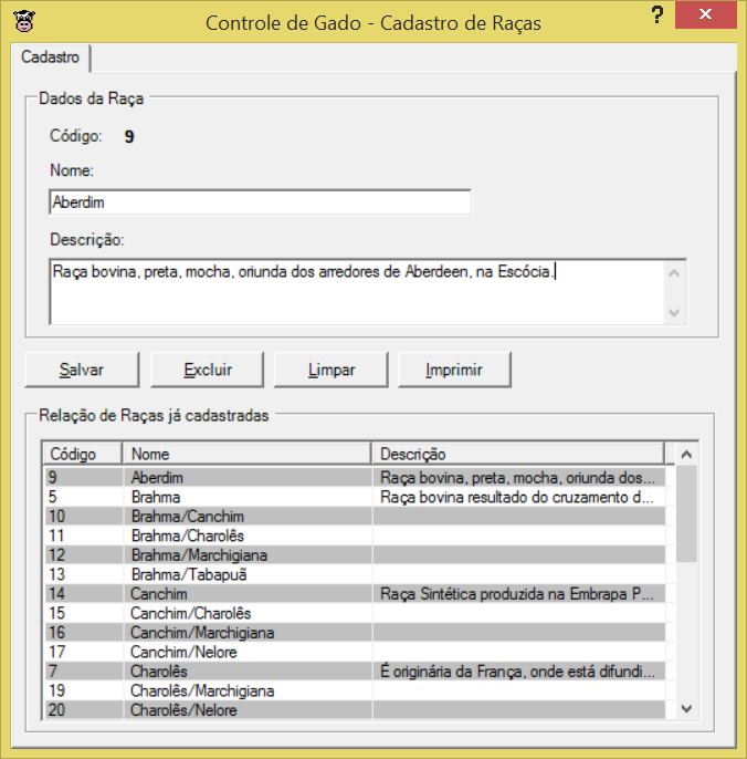 Cadastro de Raças